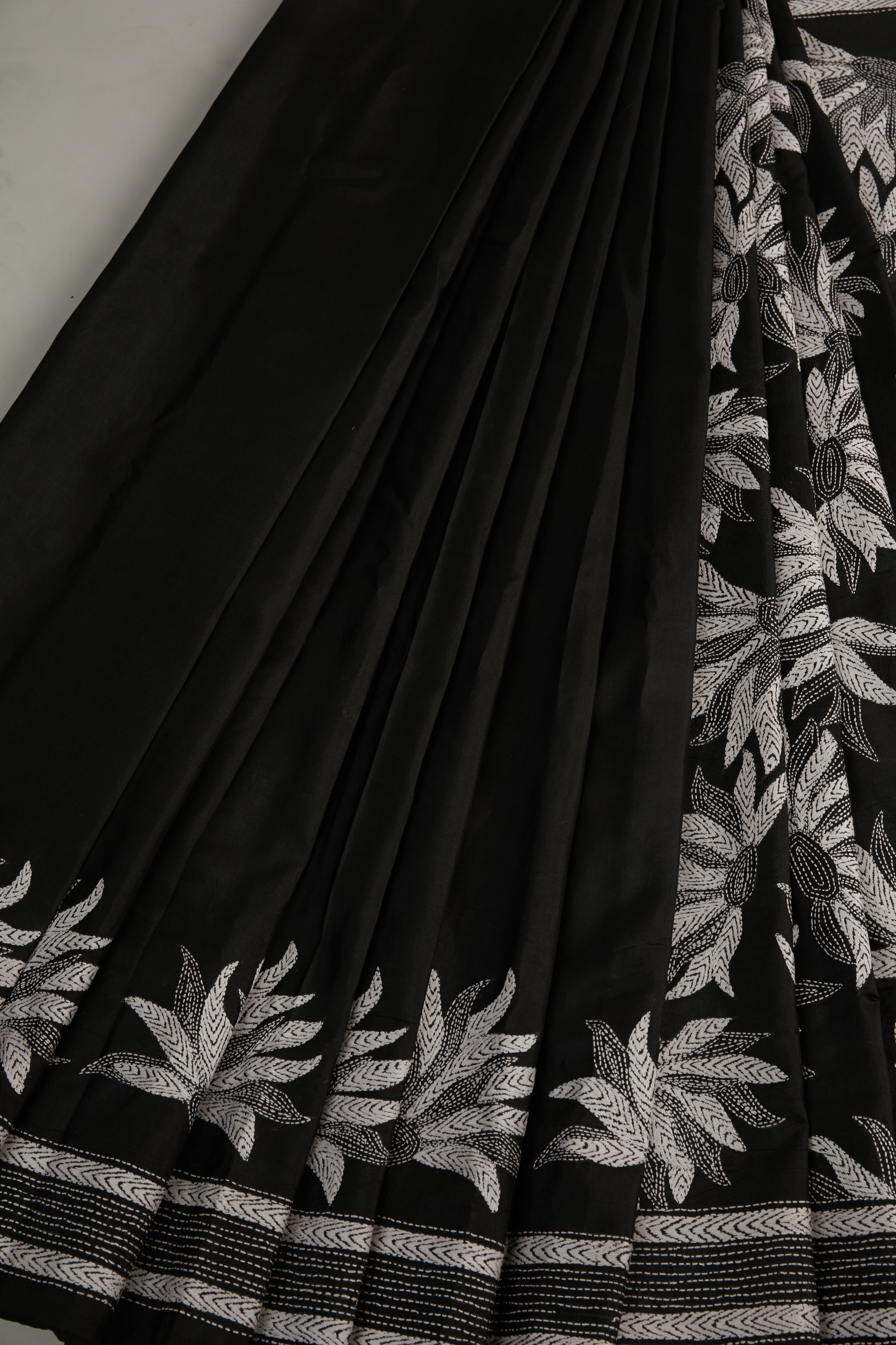 Rich Black Silk with Kantha running stitch