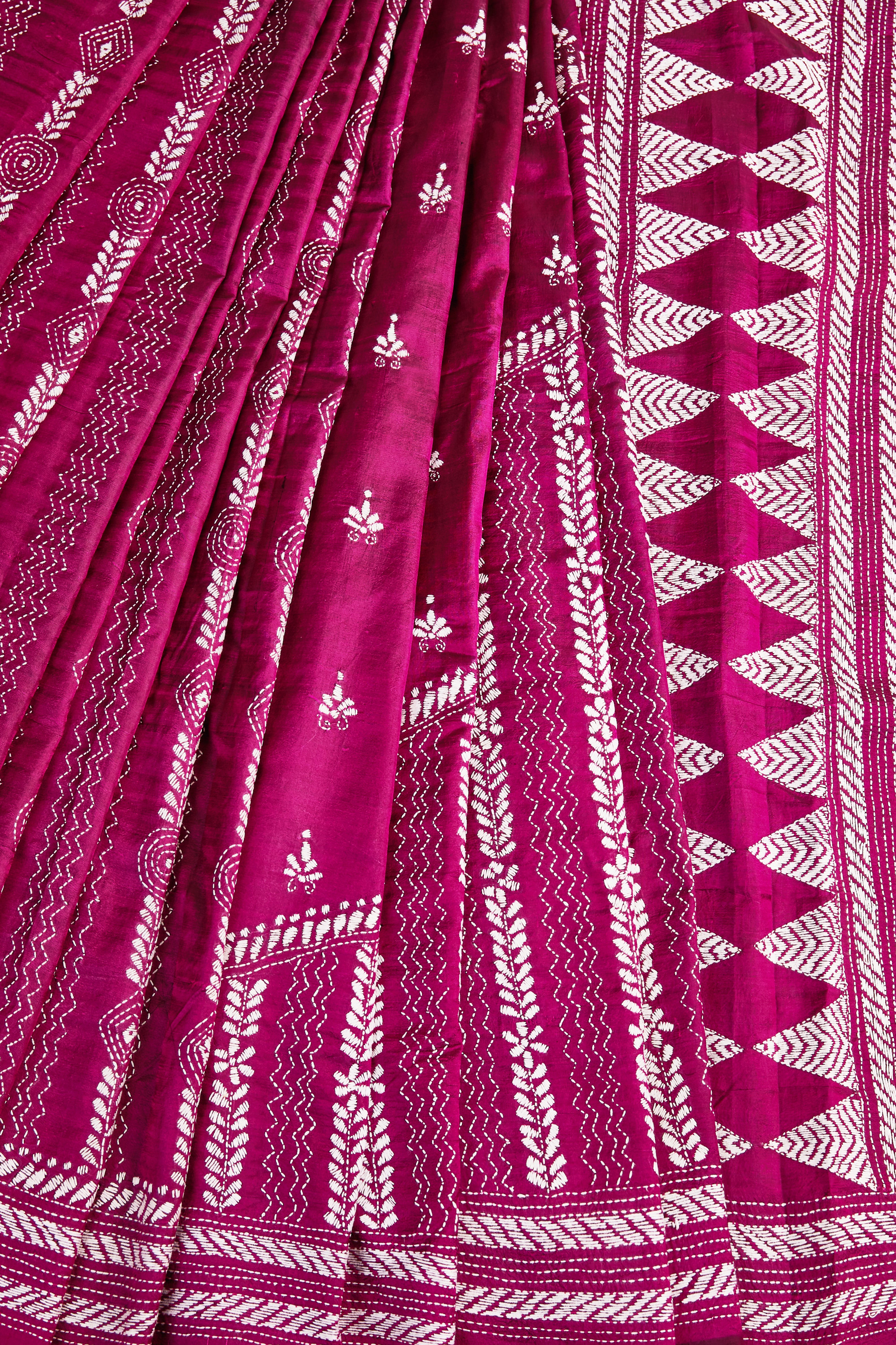 Rich Magenta Bangalore SIlk Saree with White Kantha Threadwork