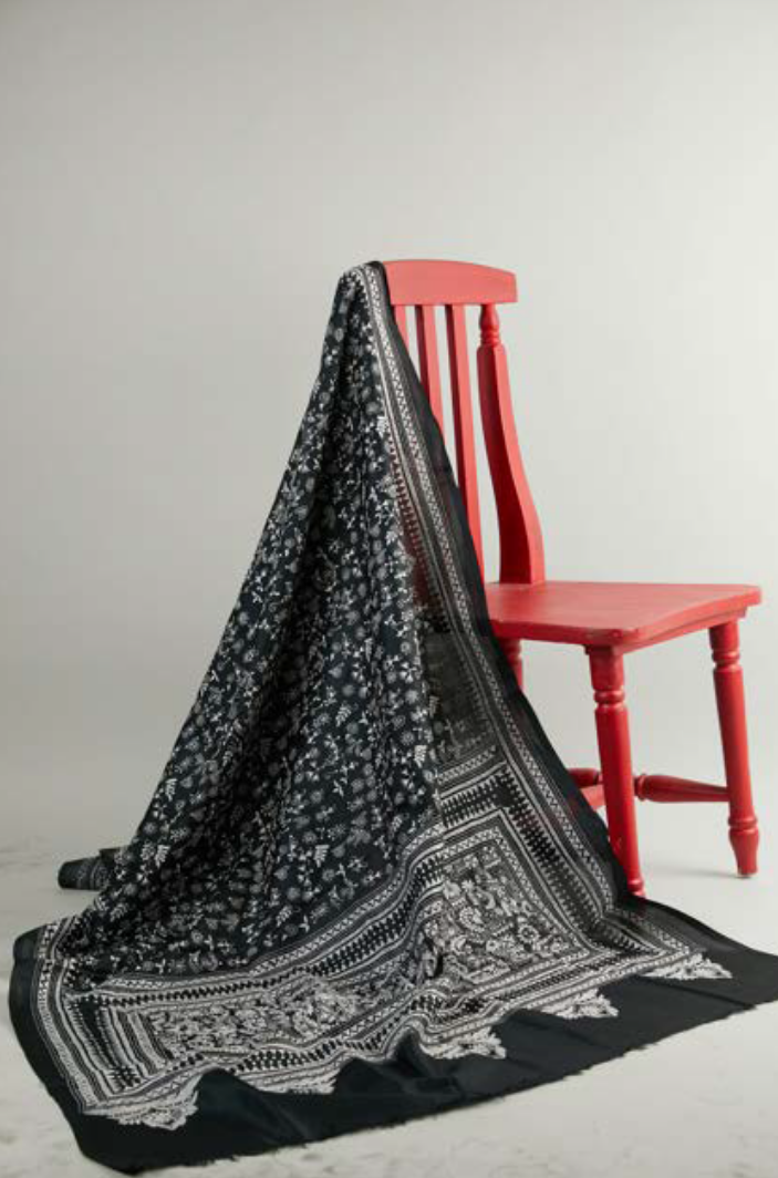 Black & White Silk Dupatta with Warli & Mixed Art in Kantha